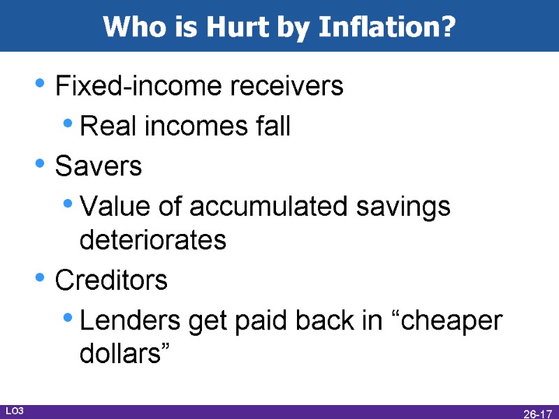 Who is Hurt by Inflation? Fixed-income receivers Real incomes fall Savers Value of accumulated